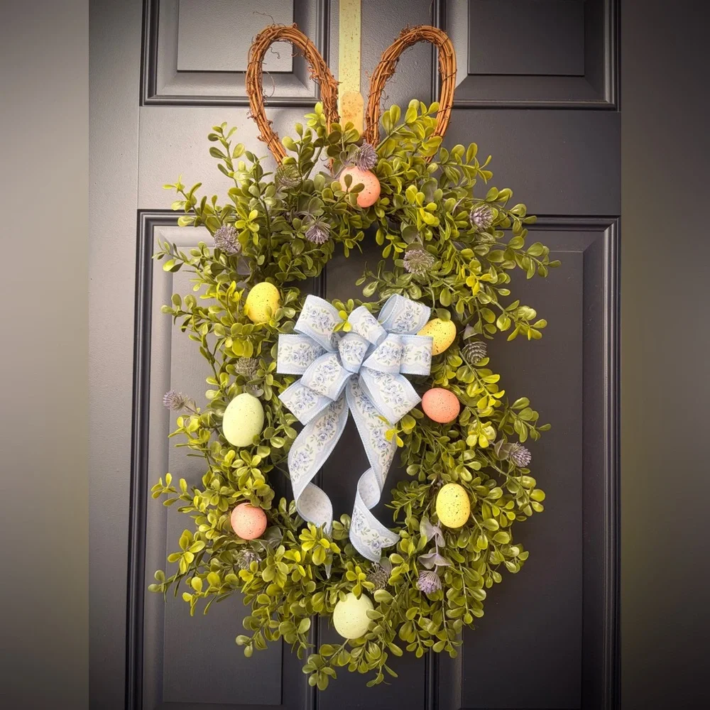 Handmade Boxwood Easter Bunny Wreath with Pastel Eggs and Blue Bow 28” x 13”